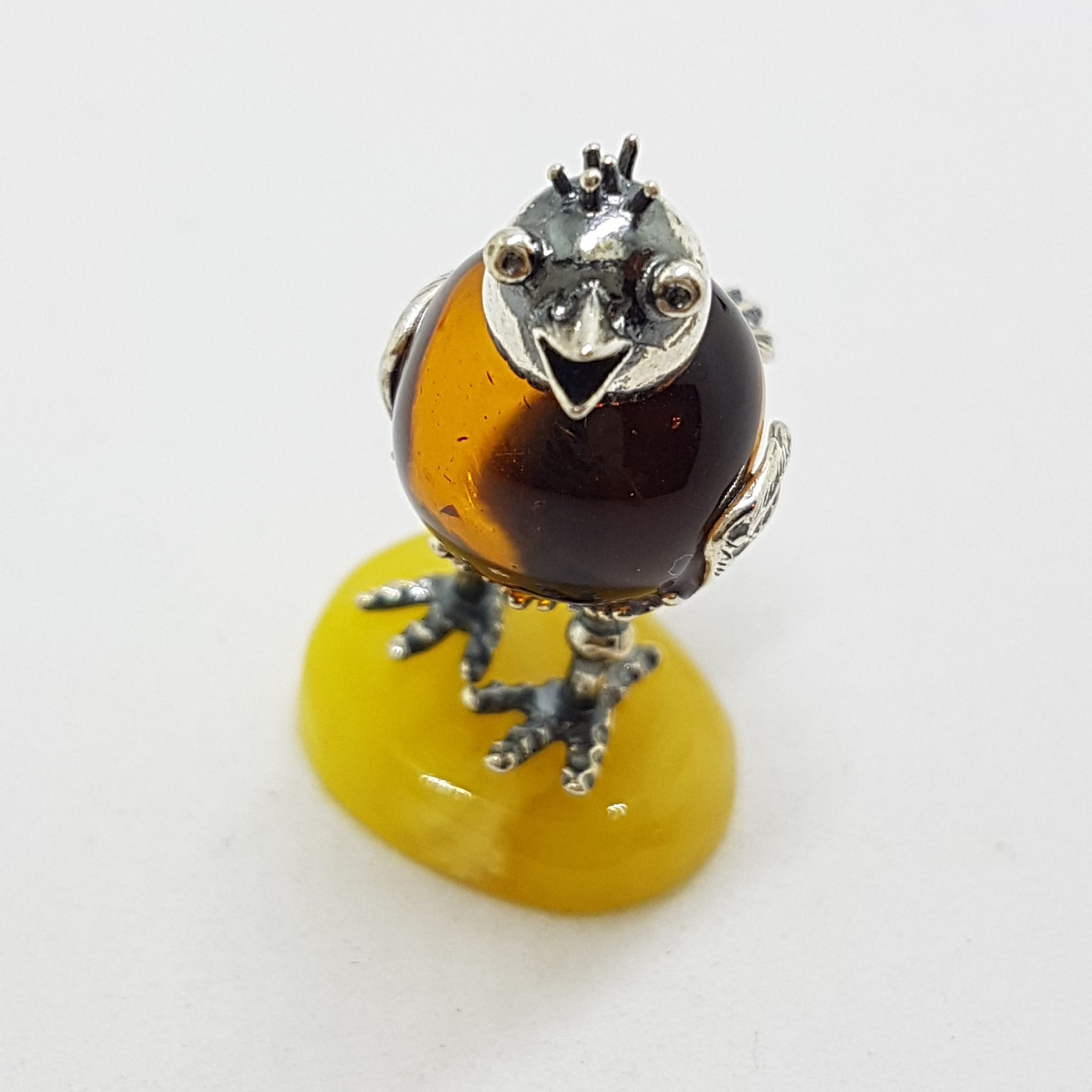 20200713_113515 Cute Funny Rooster / Hen / Chook / Bird - Solid Sterling Silver Natural Baltic Butter and Brown Amber Small Figurine / Statue / Sculpture