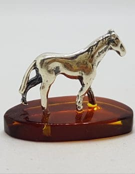 Horse / Equestrian - Solid Sterling Silver Natural Baltic Amber Small Figurine / Statue / Sculpture