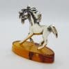 Horse with a Flowing Mane - Equestrian - Solid Sterling Silver Natural Baltic Amber Small Figurine / Statue / Sculpture