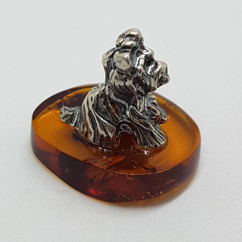 Small Dog / Maltese / Shih Tzu / Silky Terrier – Solid Sterling Silver Natural Baltic Amber Small Animal Figurine / Statue / Sculpture