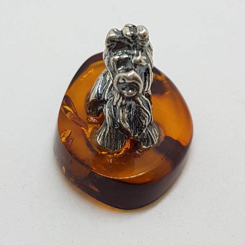Small Dog / Maltese / Shih Tzu / Silky Terrier – Solid Sterling Silver Natural Baltic Amber Small Animal Figurine / Statue / Sculpture