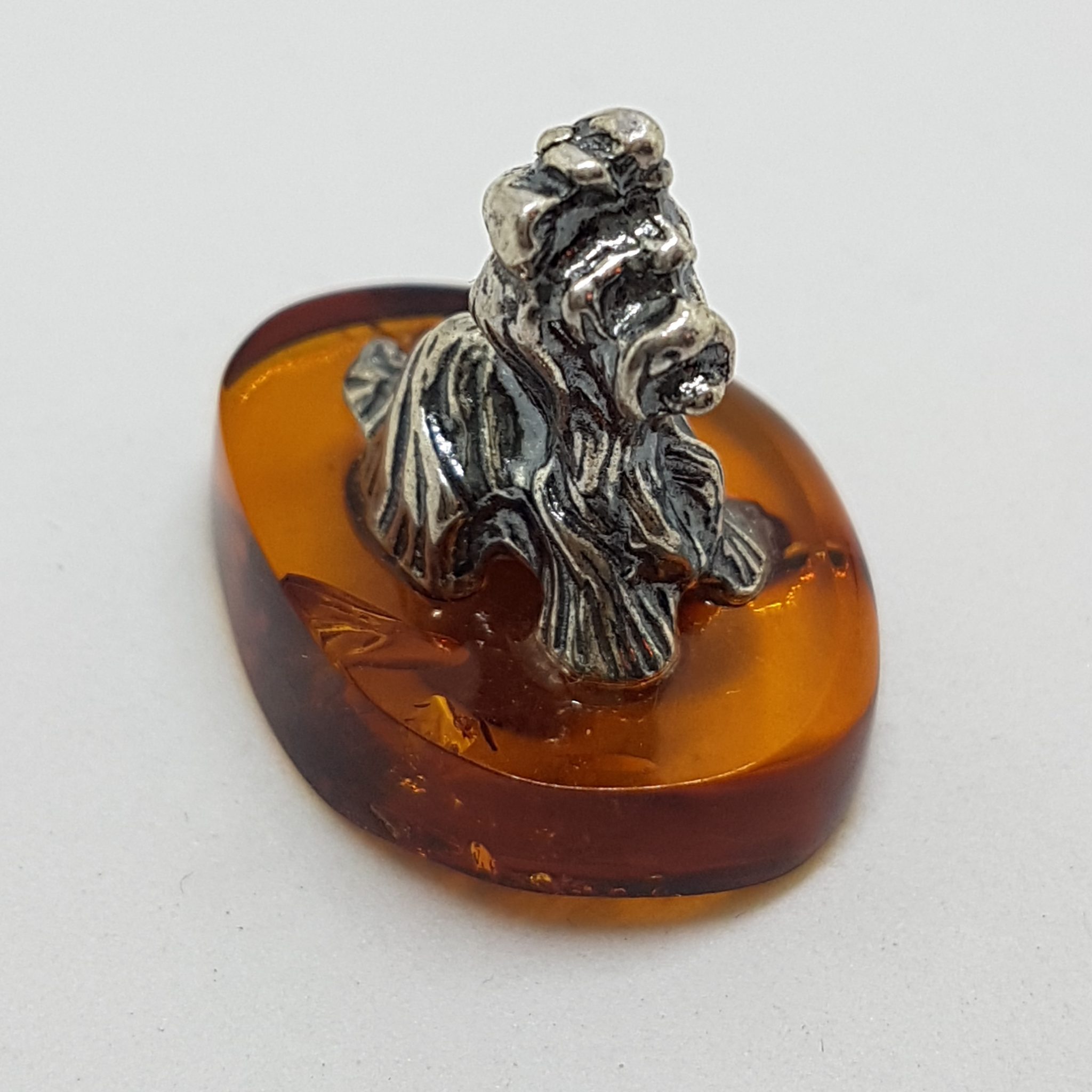Small Dog / Maltese / Shih Tzu / Silky Terrier – Solid Sterling Silver Natural Baltic Amber Small Animal Figurine / Statue / Sculpture