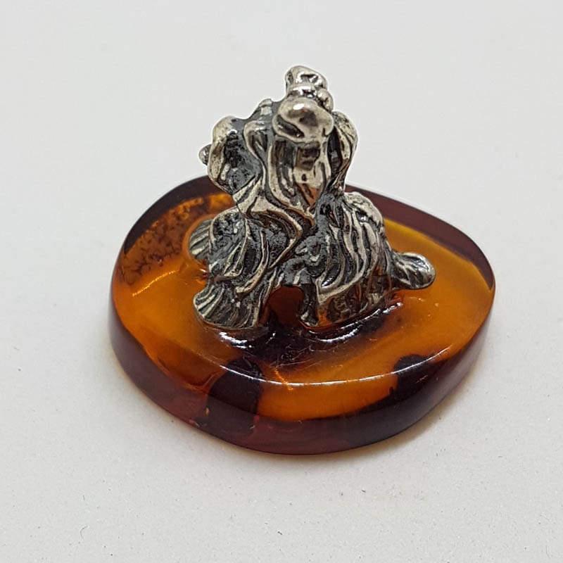 Small Dog / Maltese / Shih Tzu / Silky Terrier – Solid Sterling Silver Natural Baltic Amber Small Animal Figurine / Statue / Sculpture