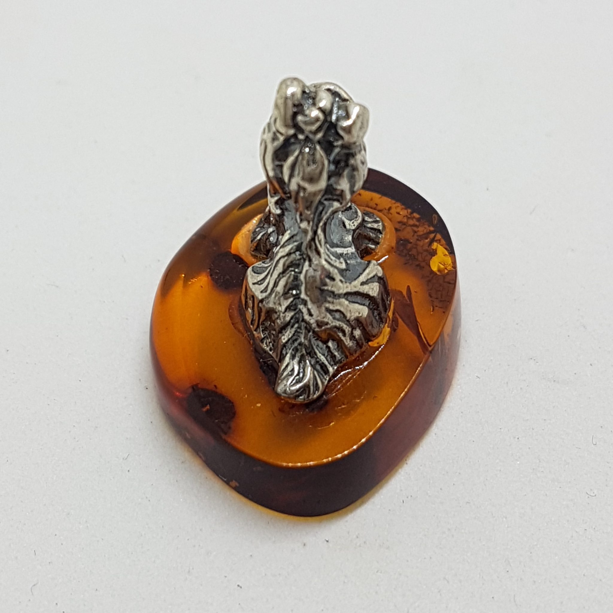 Small Dog / Maltese / Shih Tzu / Silky Terrier – Solid Sterling Silver Natural Baltic Amber Small Animal Figurine / Statue / Sculpture