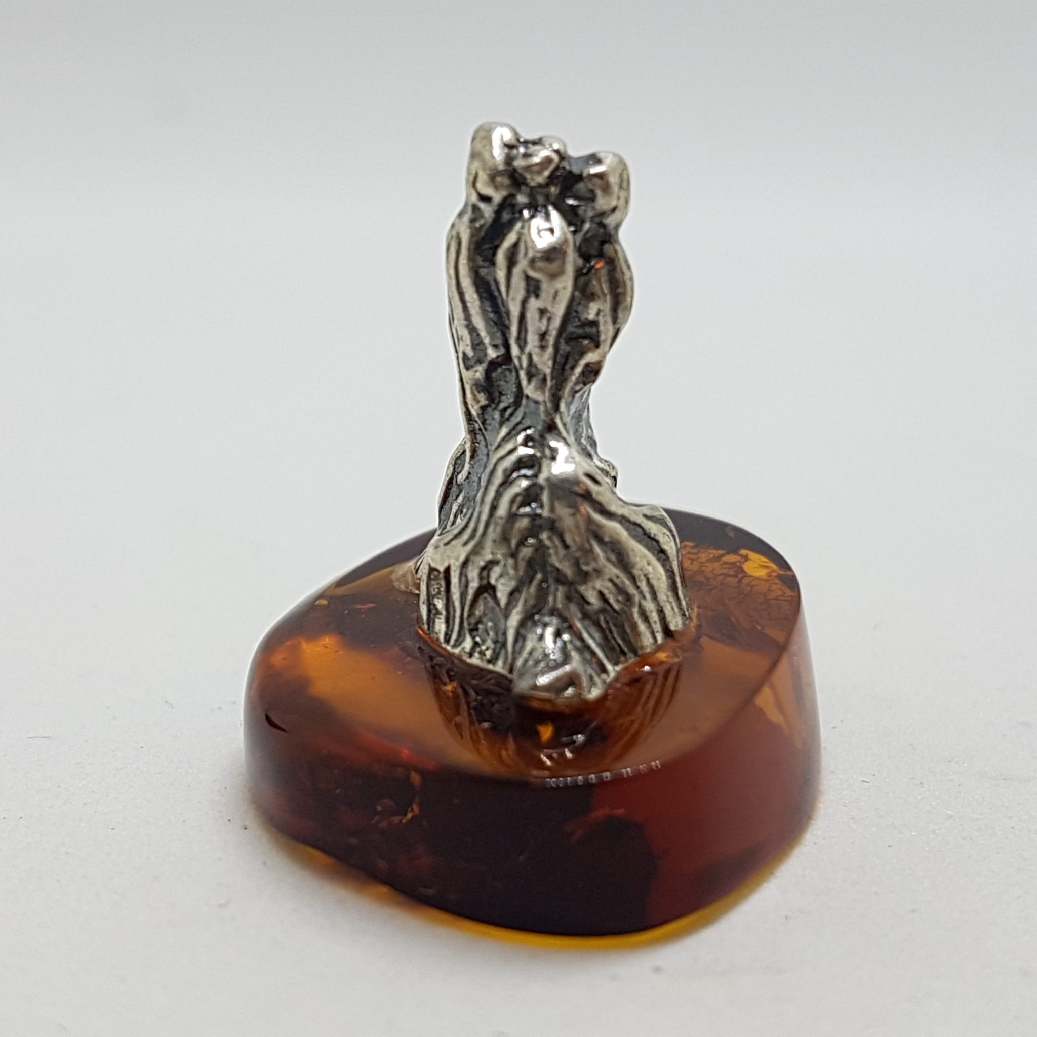 Small Dog / Maltese / Shih Tzu / Silky Terrier – Solid Sterling Silver Natural Baltic Amber Small Animal Figurine / Statue / Sculpture