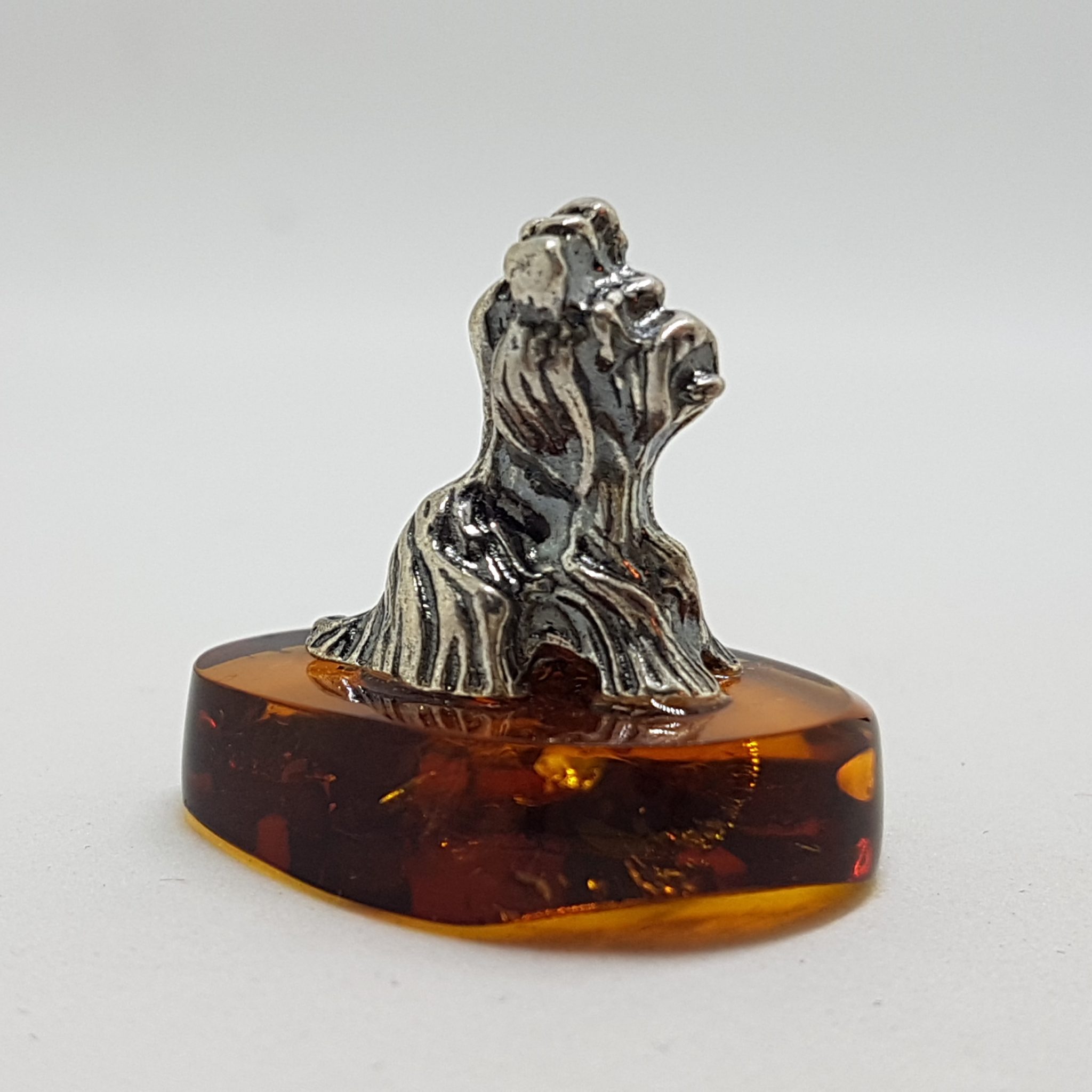Small Dog / Maltese / Shih Tzu / Silky Terrier – Solid Sterling Silver Natural Baltic Amber Small Animal Figurine / Statue / Sculpture
