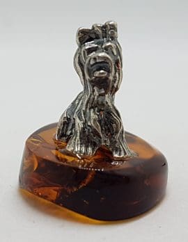 Small Dog / Maltese / Shih Tzu / Silky Terrier – Solid Sterling Silver Natural Baltic Amber Small Animal Figurine / Statue / Sculpture