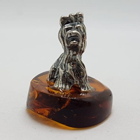 Small Dog / Maltese / Shih Tzu / Silky Terrier – Solid Sterling Silver Natural Baltic Amber Small Animal Figurine / Statue / Sculpture