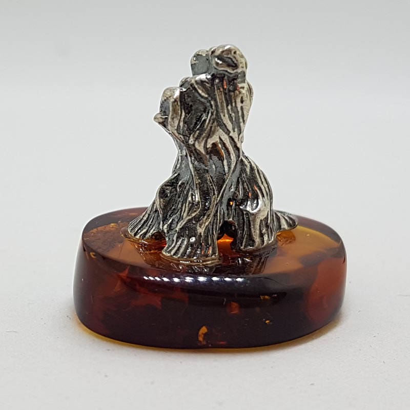Small Dog / Maltese / Shih Tzu / Silky Terrier – Solid Sterling Silver Natural Baltic Amber Small Animal Figurine / Statue / Sculpture