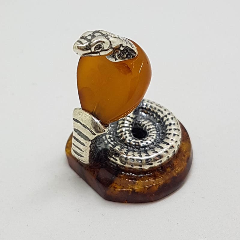 20200713_120522 Snake / Cobra / Adder / Reptile - Solid Sterling Silver Natural Baltic Amber Small Animal Figurine / Statue / Sculpture