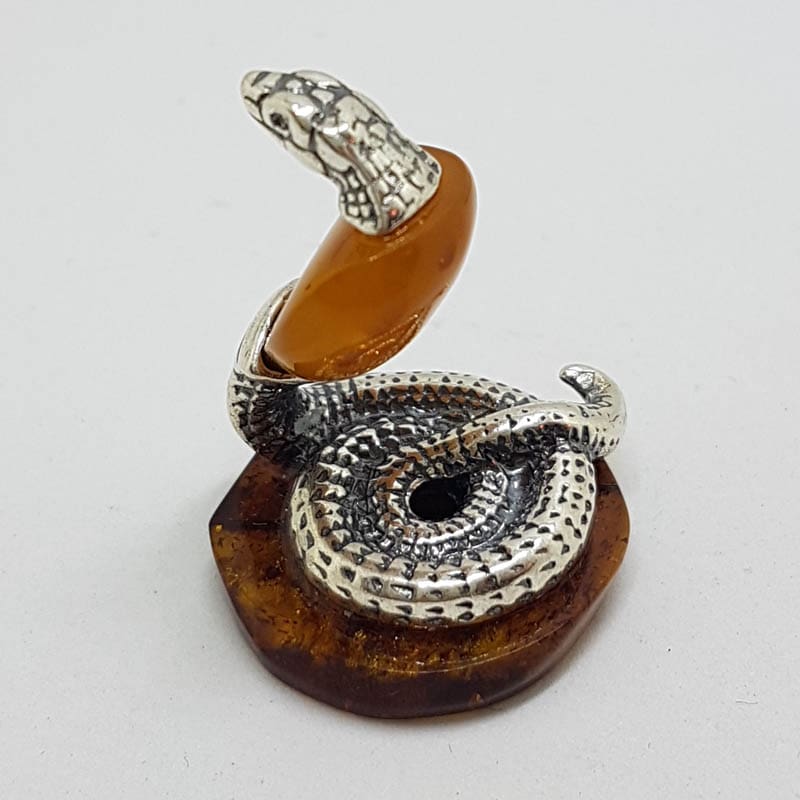 20200713_120538 Snake / Cobra / Adder / Reptile - Solid Sterling Silver Natural Baltic Amber Small Animal Figurine / Statue / Sculpture