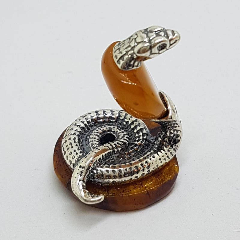 20200713_120616 Snake / Cobra / Adder / Reptile - Solid Sterling Silver Natural Baltic Amber Small Animal Figurine / Statue / Sculpture