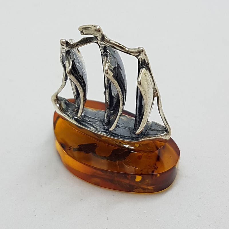 Sailing / Viking Ship / Boat / Yacht – Solid Sterling Silver Natural Baltic Amber Small Figurine / Statue / Sculpture
