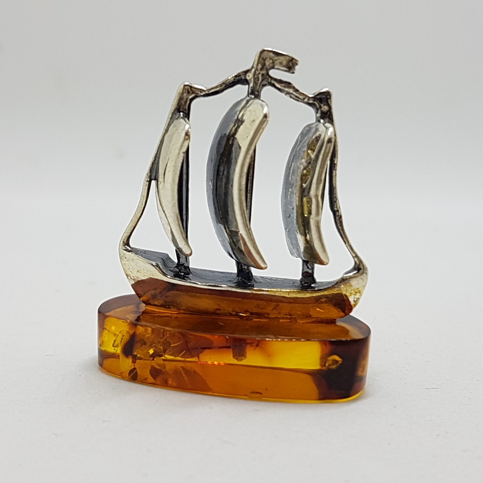 Sailing / Viking Ship / Boat / Yacht – Solid Sterling Silver Natural Baltic Amber Small Figurine / Statue / Sculpture