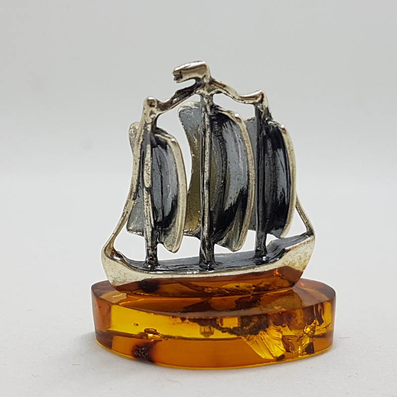 Sailing / Viking Ship / Boat / Yacht – Solid Sterling Silver Natural Baltic Amber Small Figurine / Statue / Sculpture