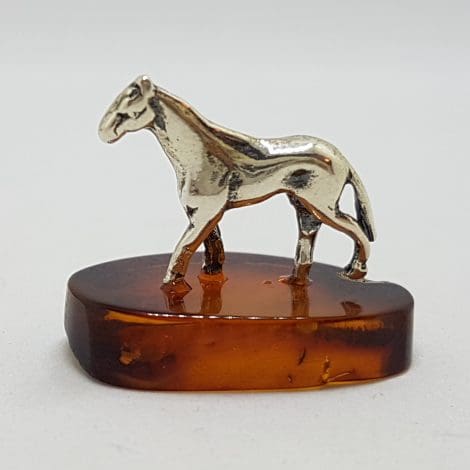 Horse / Equestrian - Solid Sterling Silver Natural Baltic Amber Small Animal Figurine / Statue / Sculpture