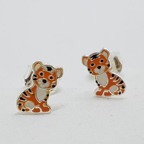 Sterling Silver Small Enamel Tiger Stud Earrings