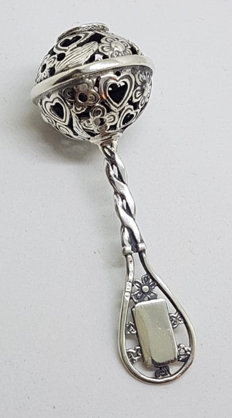 Solid Sterling Silver Baby Rattle - Engravable with Name, Weight, Size, Date & Time of Babies Birth - Ornate