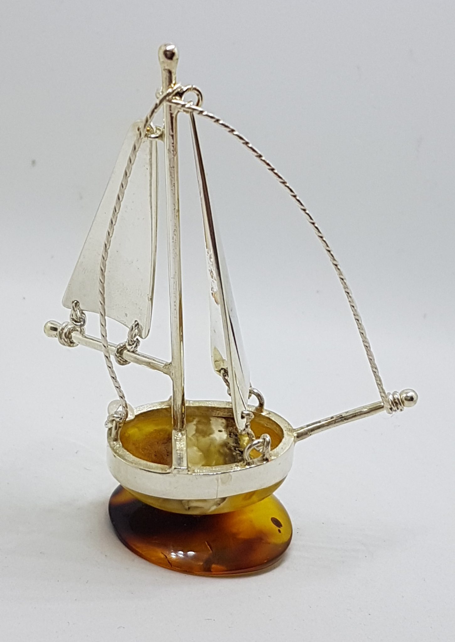 Tall Sailing Ship / Boat / Yacht - Solid Sterling Silver Natural Baltic Amber Figurine / Statue / Sculpture