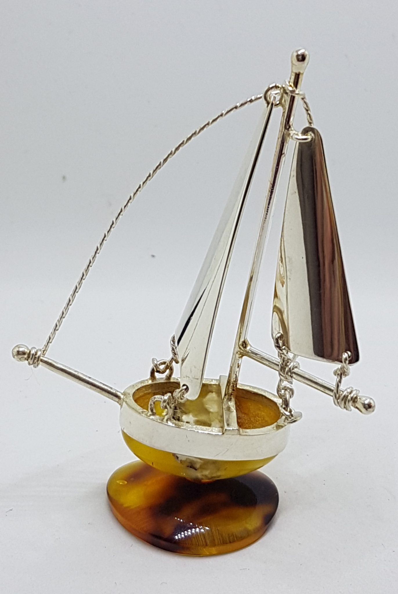 Tall Sailing Ship / Boat / Yacht - Solid Sterling Silver Natural Baltic Amber Figurine / Statue / Sculpture