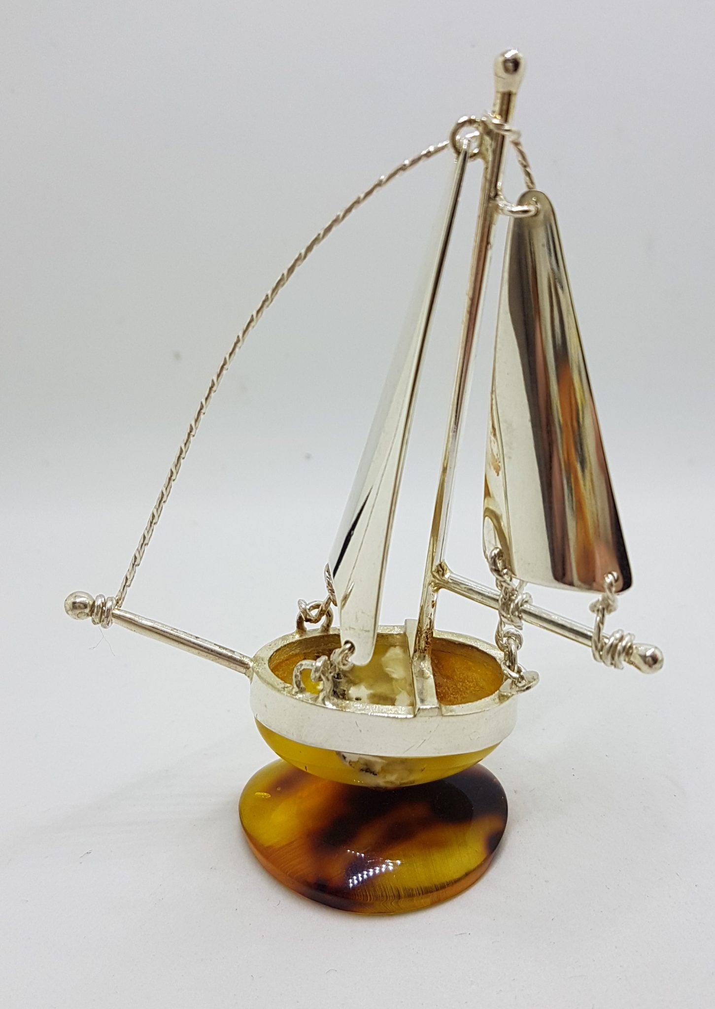 Tall Sailing Ship / Boat / Yacht - Solid Sterling Silver Natural Baltic Amber Figurine / Statue / Sculpture