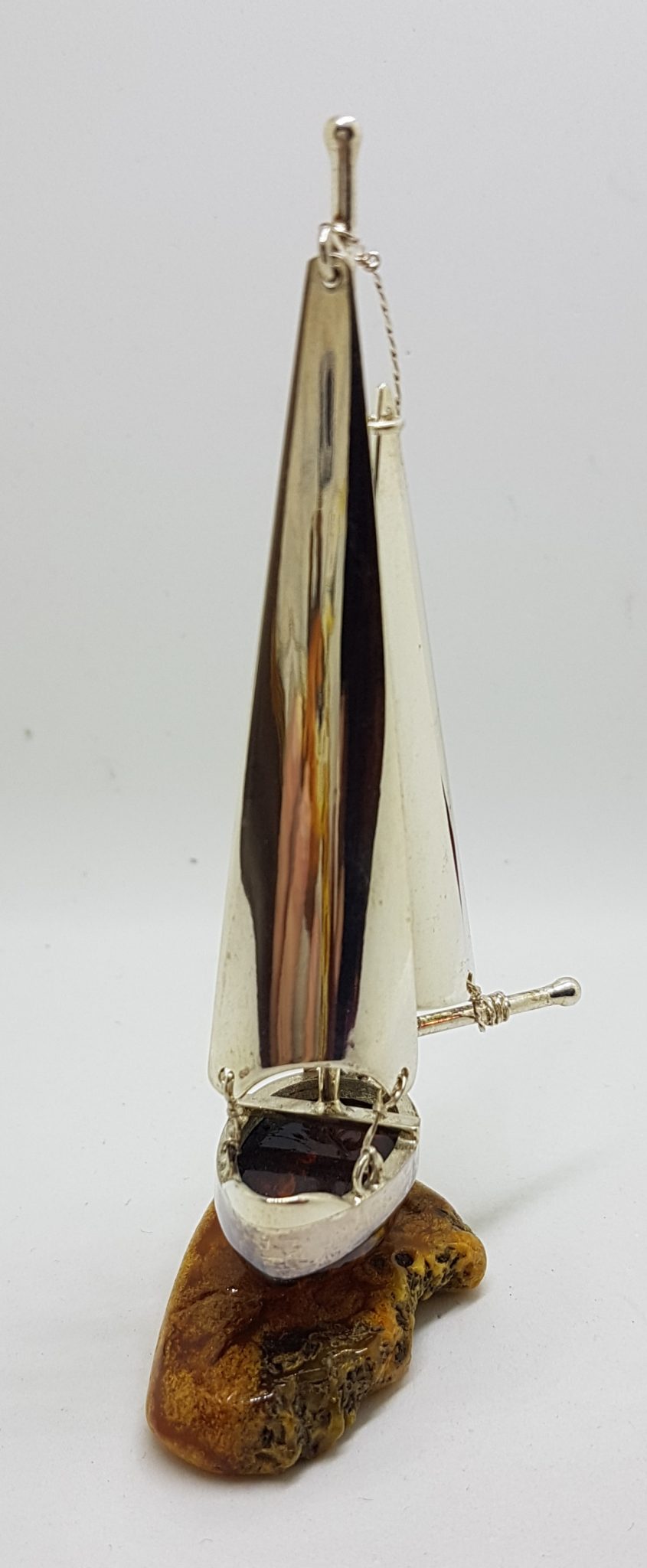 Tall Sailing Ship / Boat / Yacht - Solid Sterling Silver Natural Baltic Amber Figurine / Statue / Sculpture