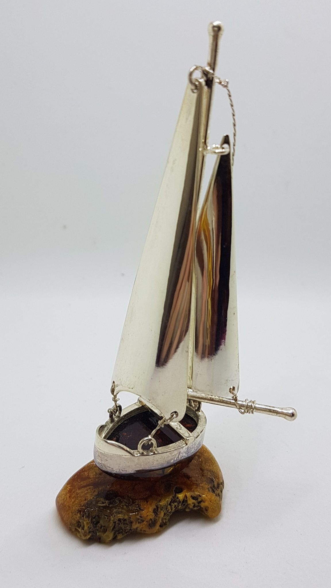 Tall Sailing Ship / Boat / Yacht - Solid Sterling Silver Natural Baltic Amber Figurine / Statue / Sculpture