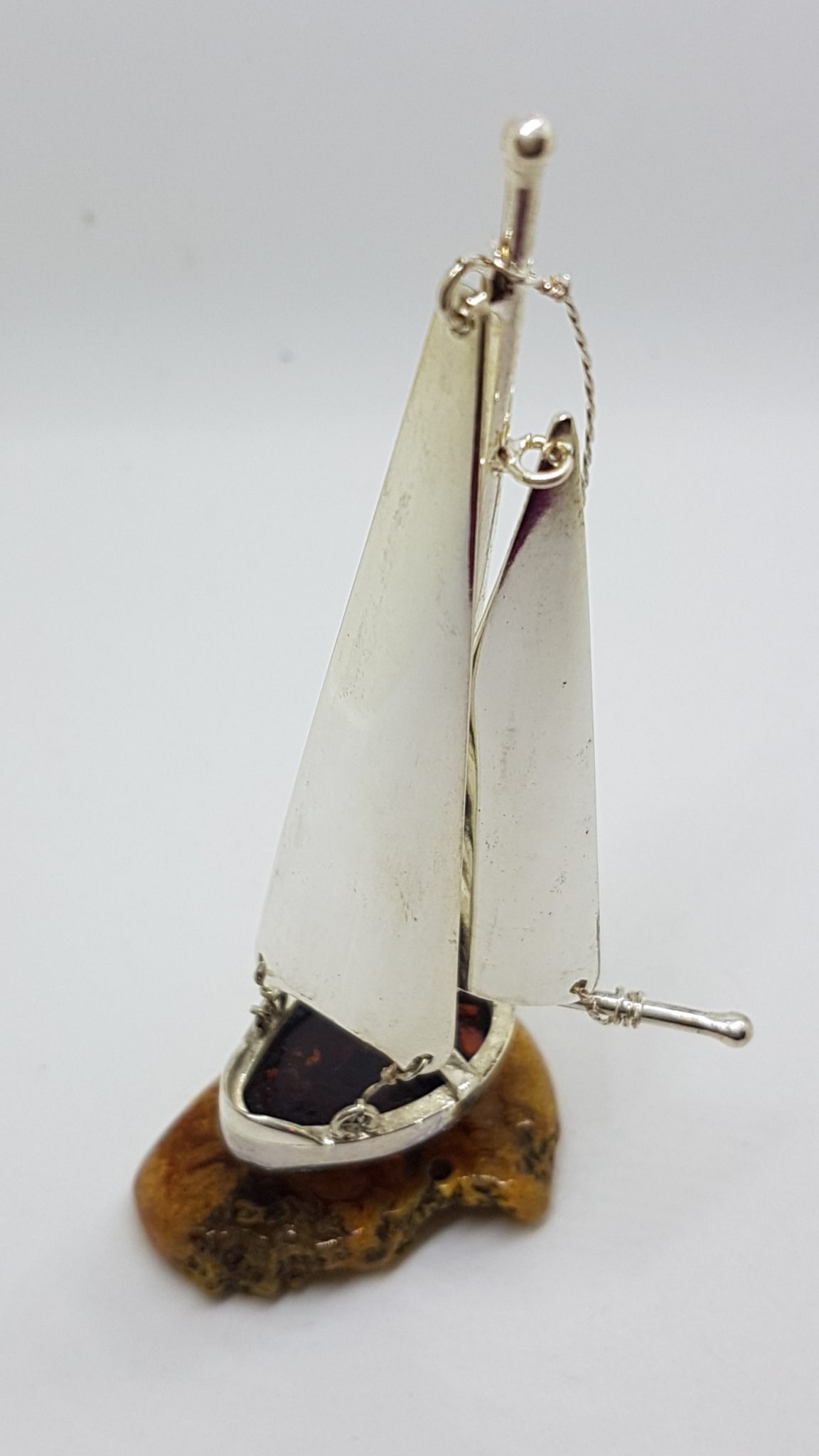 Tall Sailing Ship / Boat / Yacht - Solid Sterling Silver Natural Baltic Amber Figurine / Statue / Sculpture