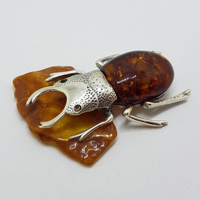 Large Beetle / Stag Beetle – Solid Sterling Silver Natural Baltic Amber Animal Figurine / Statue / Sculpture