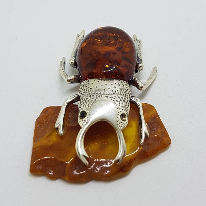 Large Beetle / Stag Beetle – Solid Sterling Silver Natural Baltic Amber Animal Figurine / Statue / Sculpture