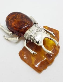 Large Beetle / Stag Beetle – Solid Sterling Silver Natural Baltic Amber Animal Figurine / Statue / Sculpture