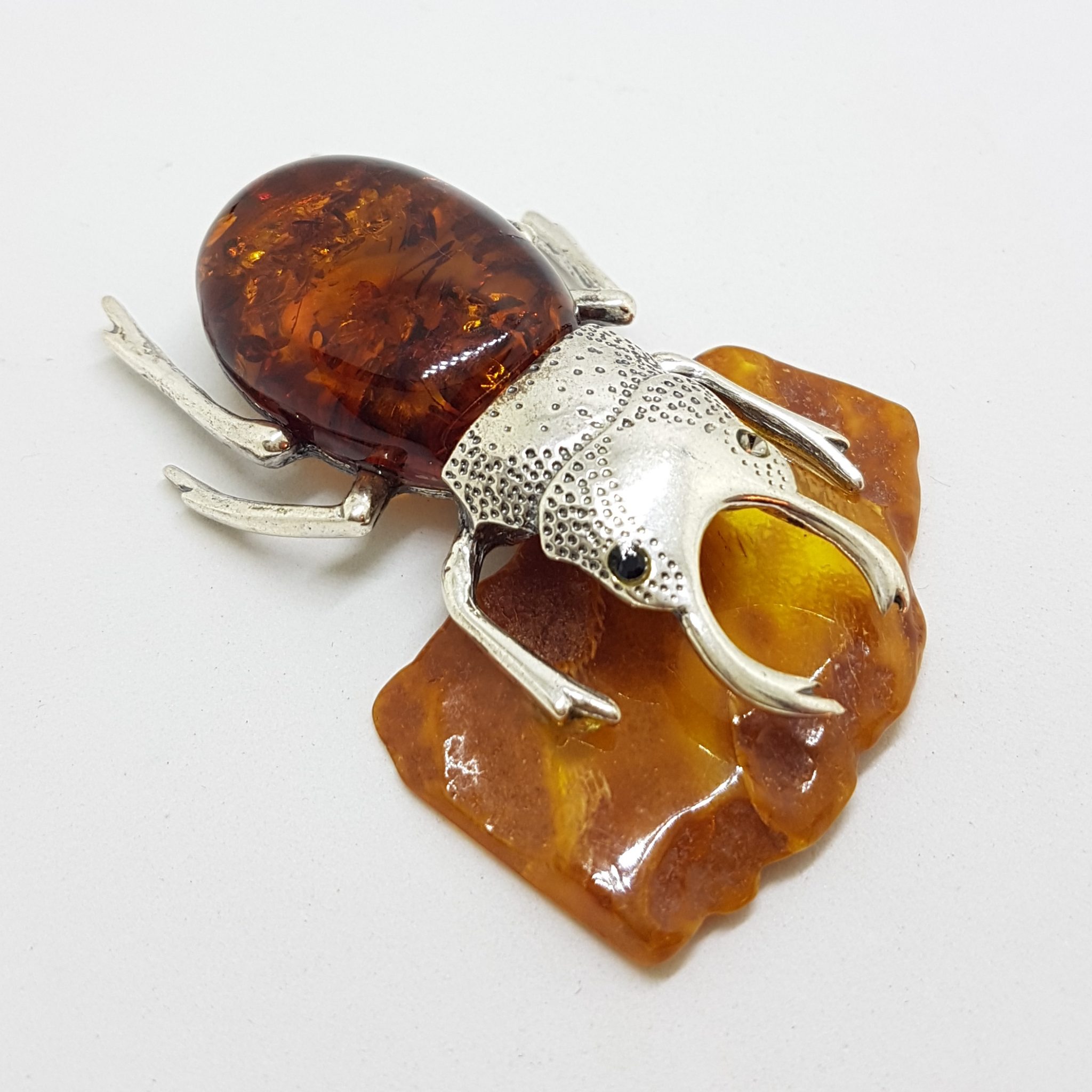 Large Beetle / Stag Beetle – Solid Sterling Silver Natural Baltic Amber Animal Figurine / Statue / Sculpture