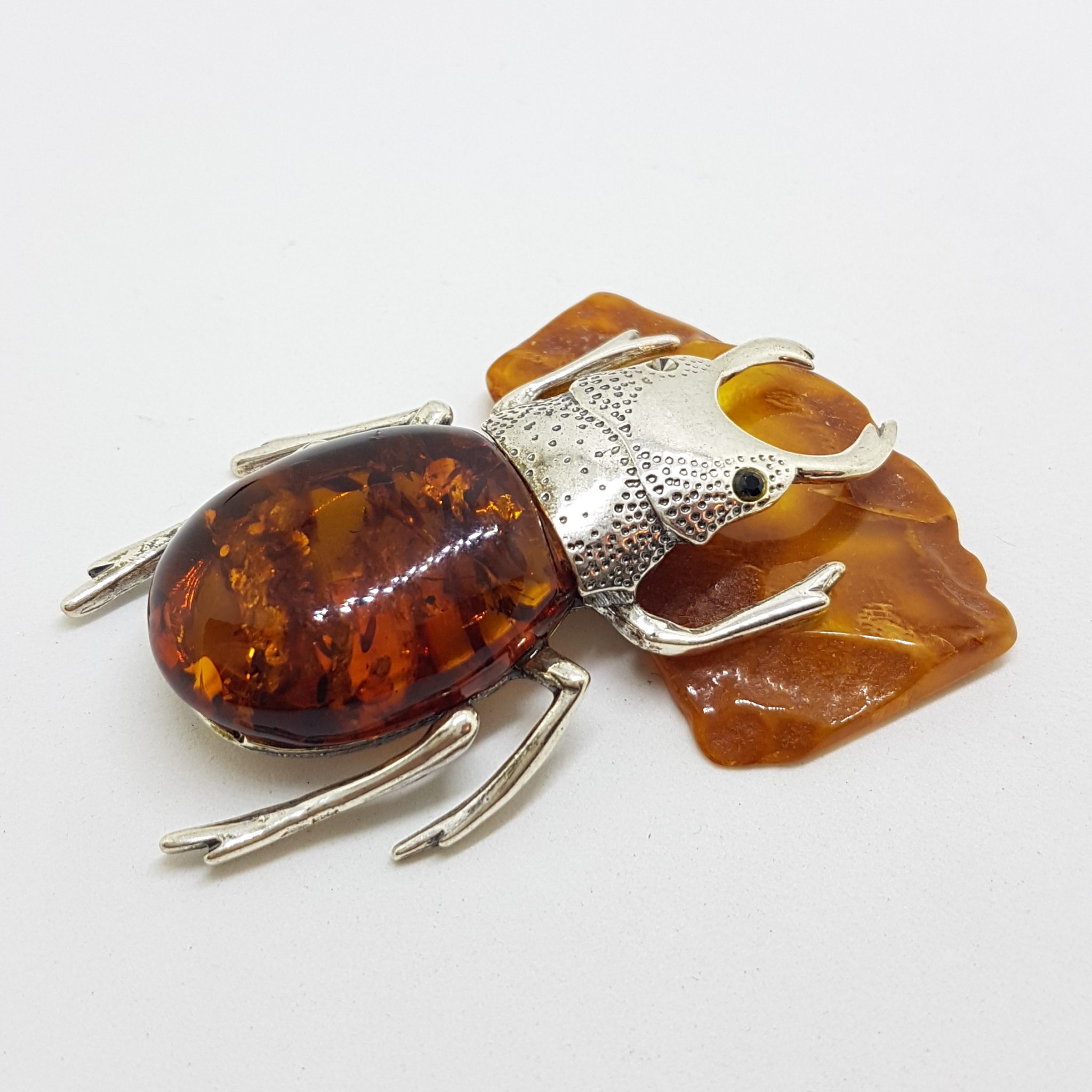 Large Beetle / Stag Beetle – Solid Sterling Silver Natural Baltic Amber Animal Figurine / Statue / Sculpture