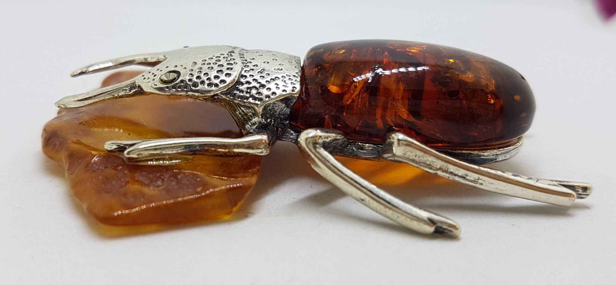 Large Beetle / Stag Beetle – Solid Sterling Silver Natural Baltic Amber Animal Figurine / Statue / Sculpture