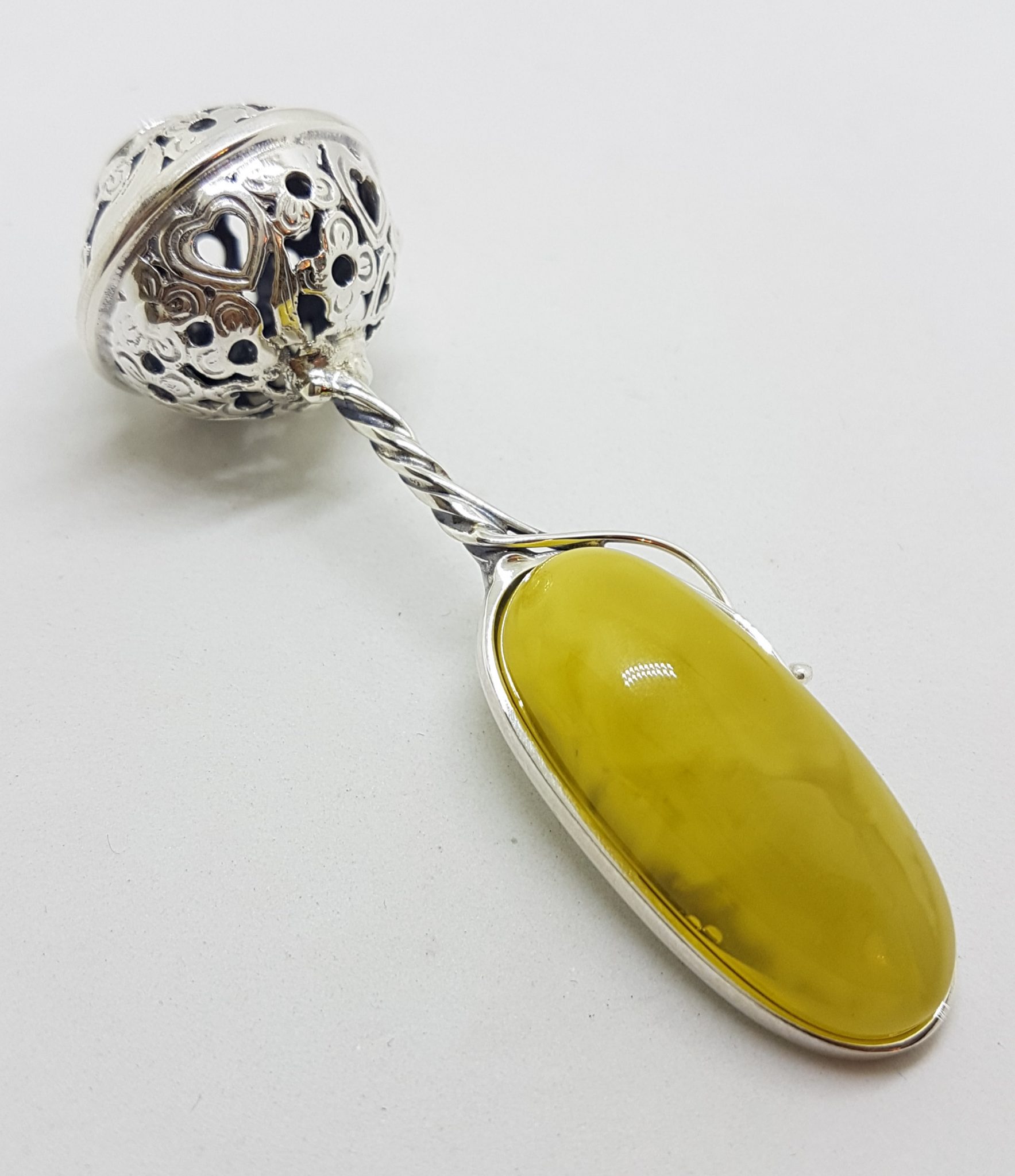 Solid Sterling Silver Baby Rattle With Oval Natural Baltic Butter Amber- Engravable with Name, Weight, Size, Date & Time of Babies Birth - Ornate