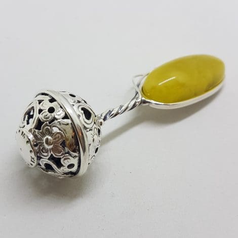 Solid Sterling Silver Baby Rattle With Oval Natural Baltic Butter Amber- Engravable with Name, Weight, Size, Date & Time of Babies Birth - Ornate