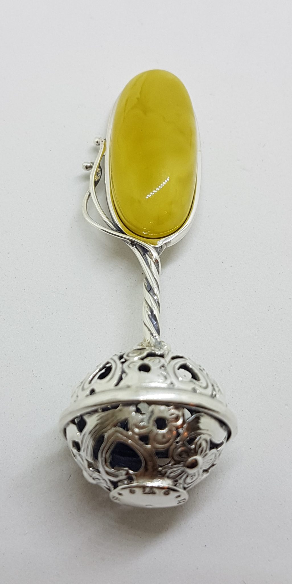 Solid Sterling Silver Baby Rattle With Oval Natural Baltic Butter Amber- Engravable with Name, Weight, Size, Date & Time of Babies Birth - Ornate