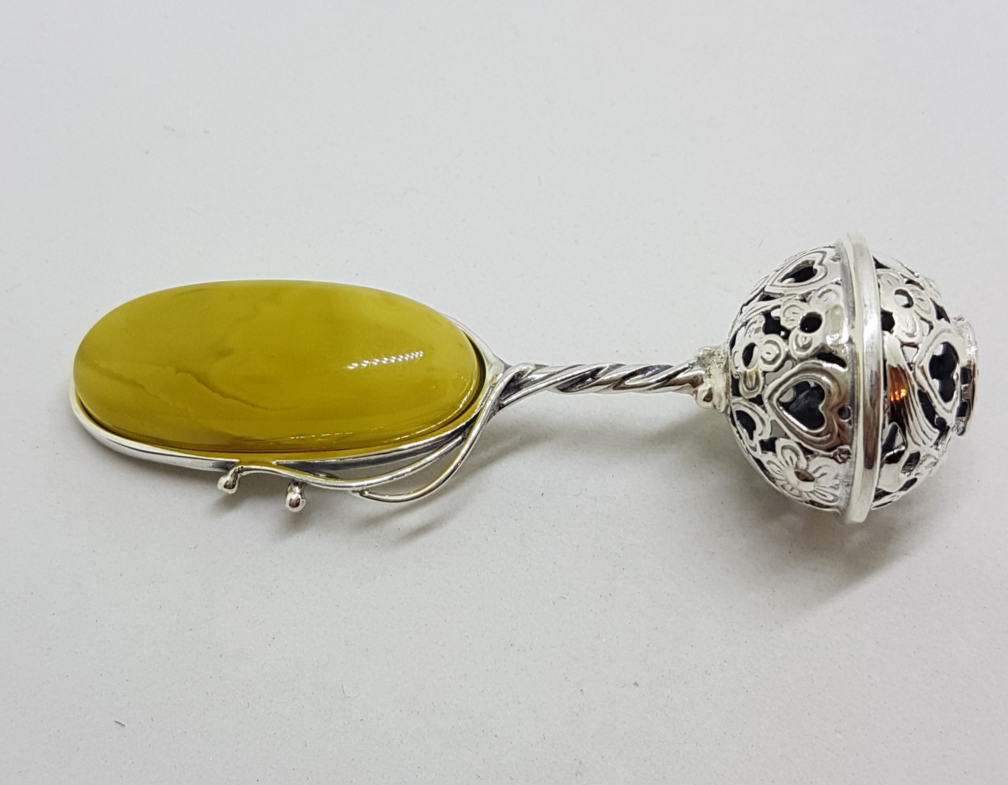 Solid Sterling Silver Baby Rattle With Oval Natural Baltic Butter Amber- Engravable with Name, Weight, Size, Date & Time of Babies Birth - Ornate