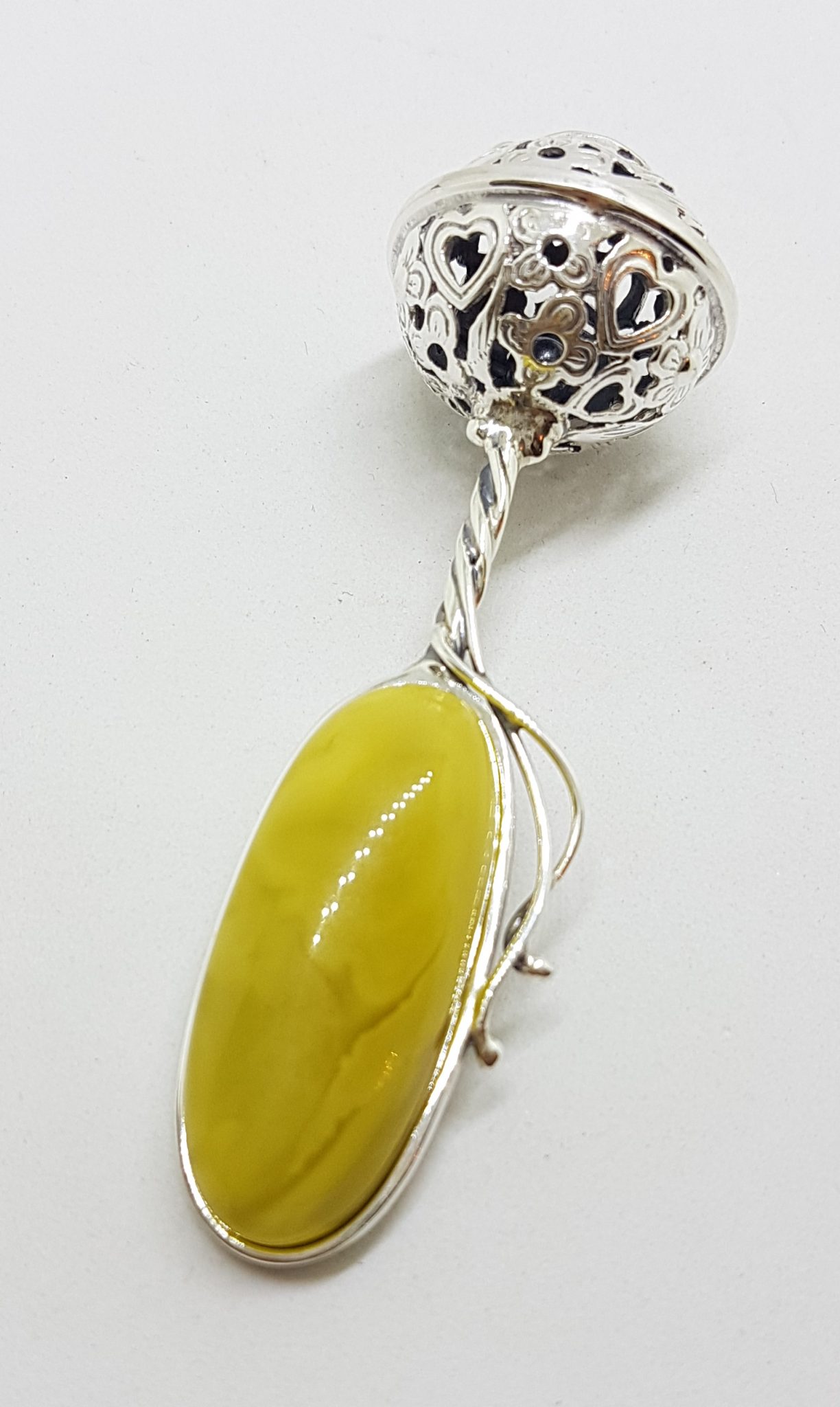 Solid Sterling Silver Baby Rattle With Oval Natural Baltic Butter Amber- Engravable with Name, Weight, Size, Date & Time of Babies Birth - Ornate