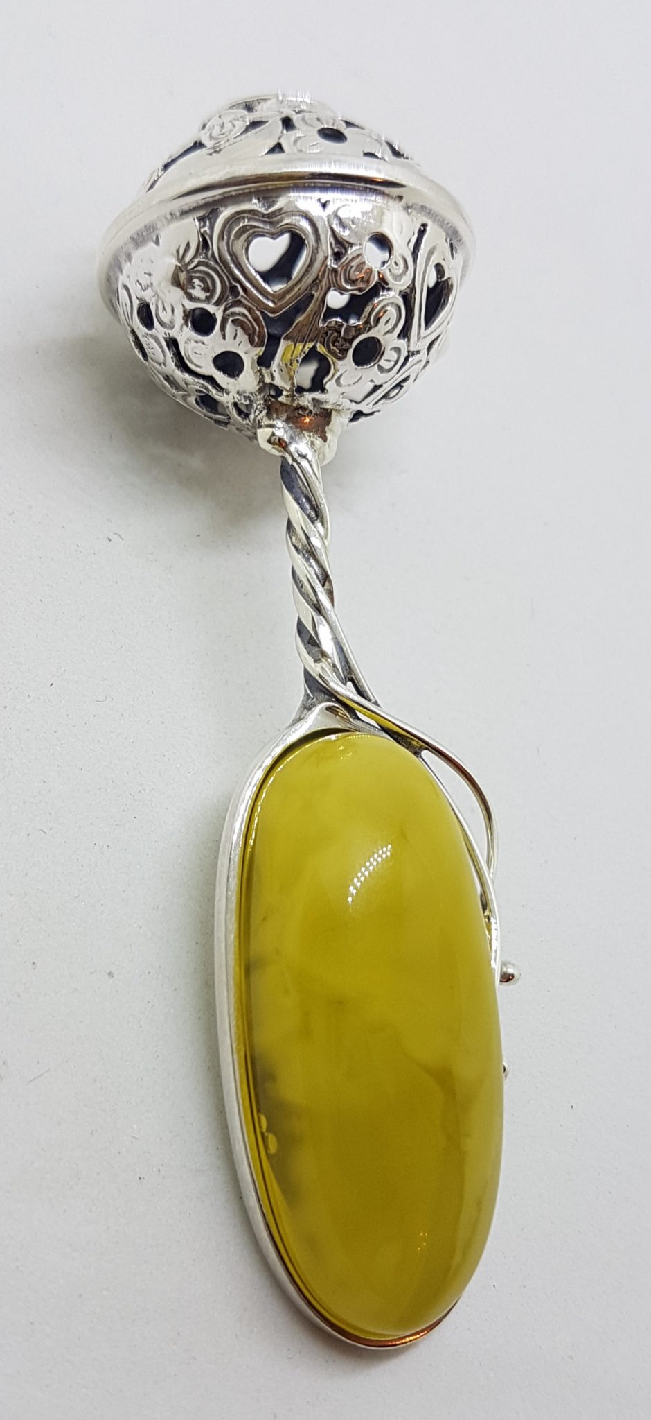 Solid Sterling Silver Baby Rattle With Oval Natural Baltic Butter Amber- Engravable with Name, Weight, Size, Date & Time of Babies Birth - Ornate