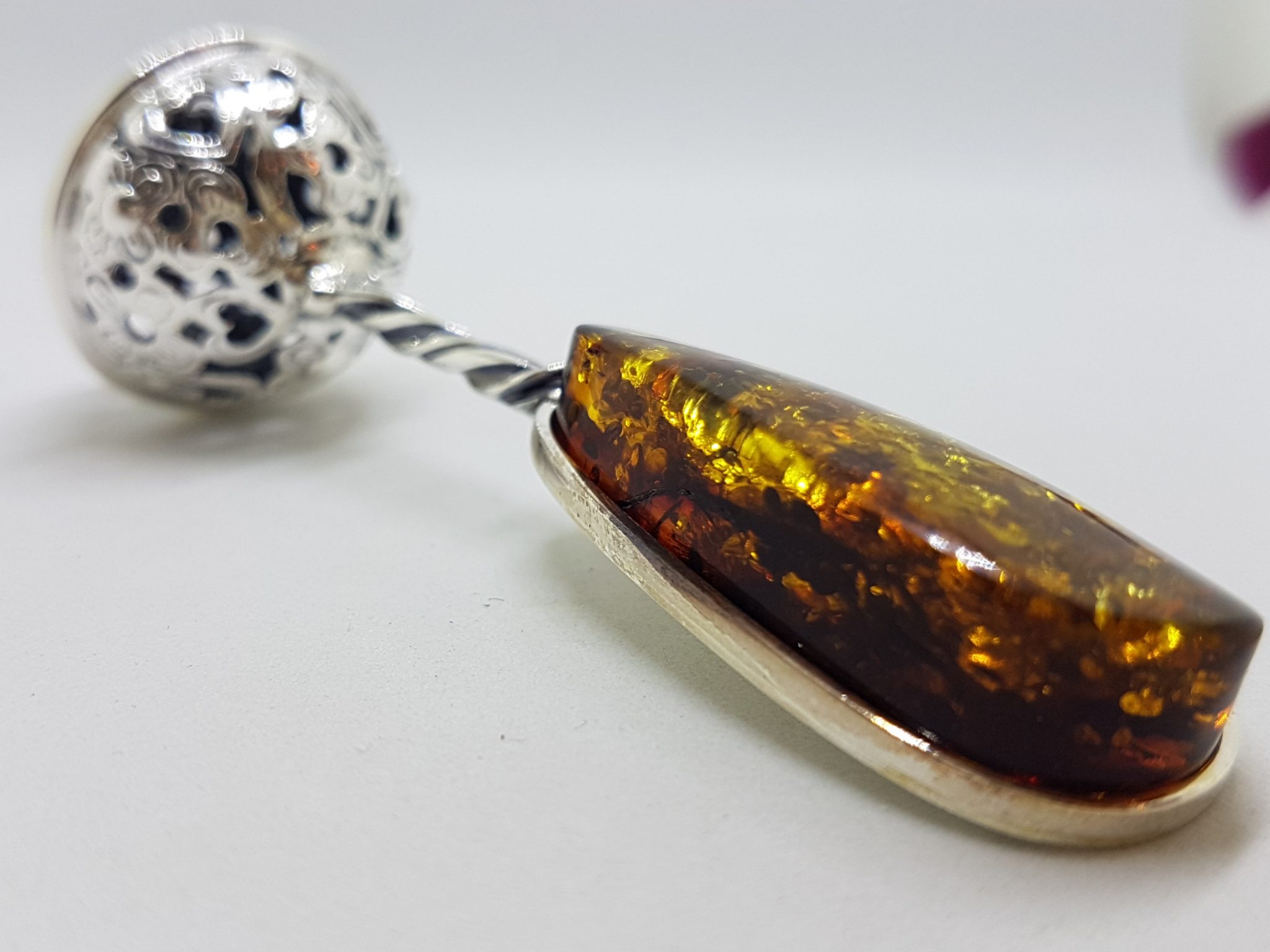 20200713_133317 Solid Sterling Silver Baby Rattle Natural Baltic Amber- Engravable - Ornate