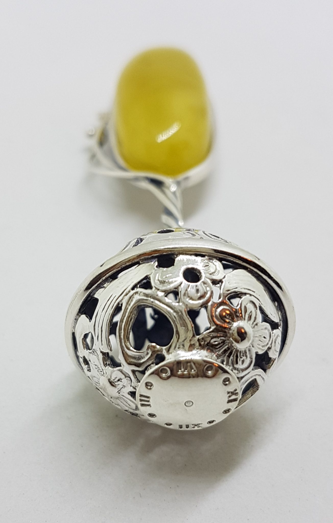 Solid Sterling Silver Baby Rattle With Oval Natural Baltic Butter Amber- Engravable - Ornate