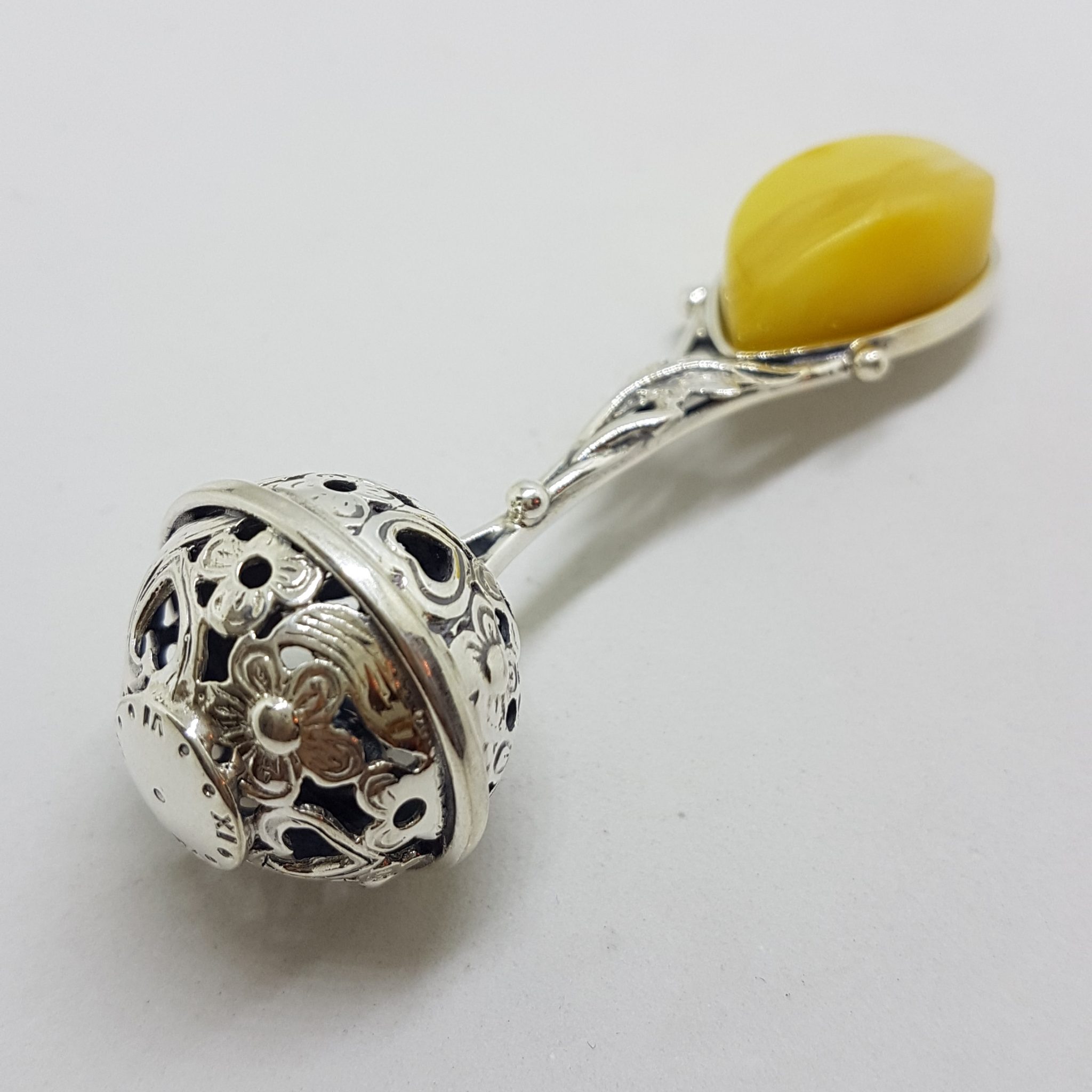 20200713_133438 Solid Sterling Silver Baby Rattle With Leaf Shape Natural Baltic Butter Amber- Engravable - Ornate