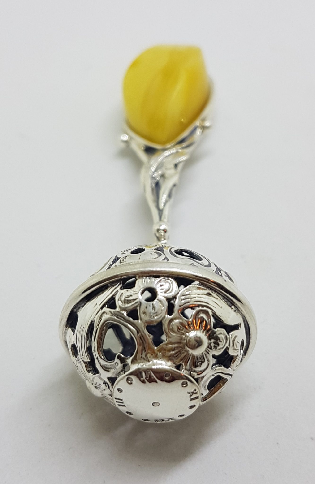 20200713_133456 Solid Sterling Silver Baby Rattle With Leaf Shape Natural Baltic Butter Amber- Engravable - Ornate