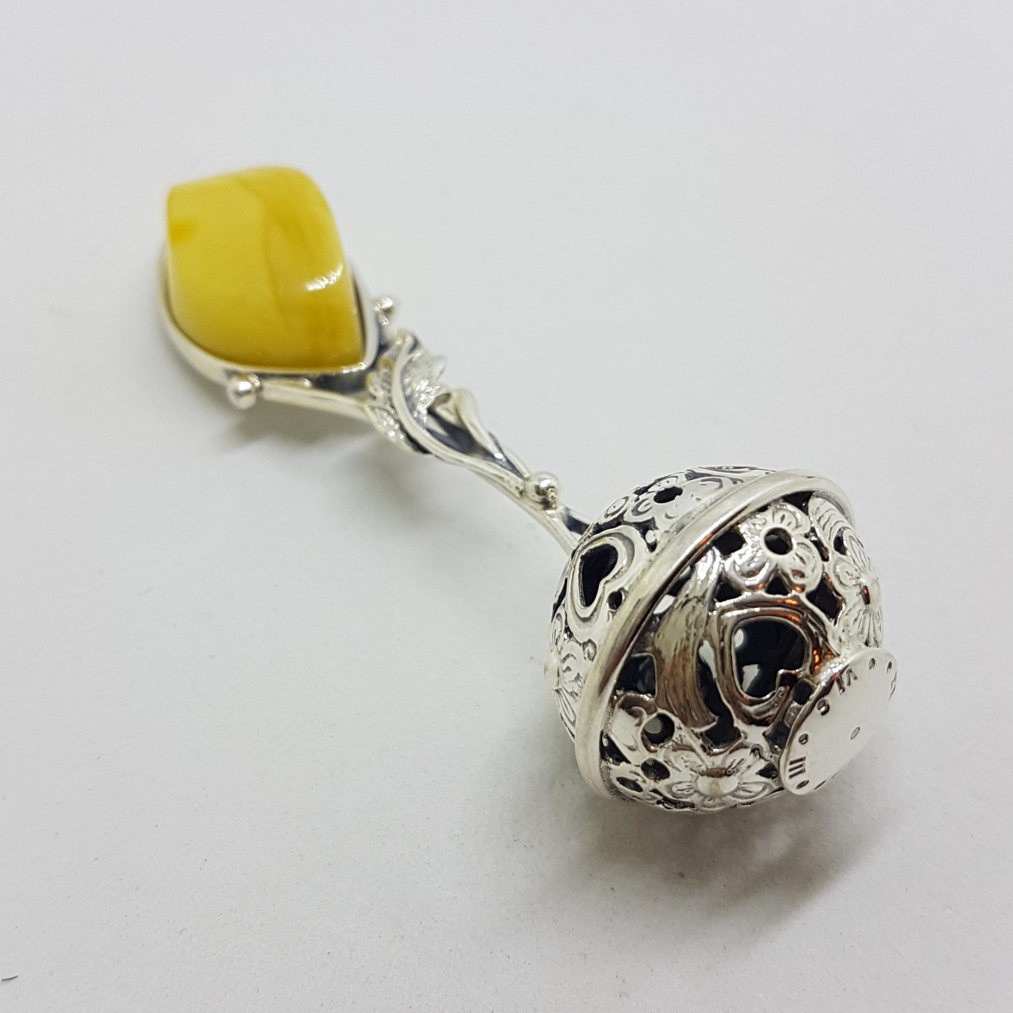 20200713_133509 Solid Sterling Silver Baby Rattle With Leaf Shape Natural Baltic Butter Amber- Engravable - Ornate
