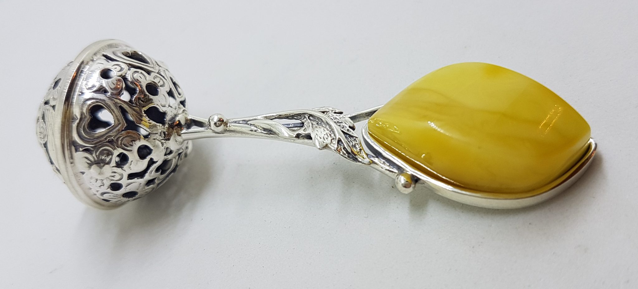 20200713_133557 Solid Sterling Silver Baby Rattle With Leaf Shape Natural Baltic Butter Amber- Engravable - Ornate