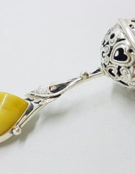 Solid Sterling Silver Baby Rattle With Leaf Shape Natural Baltic Butter Amber- Engravable - Ornate