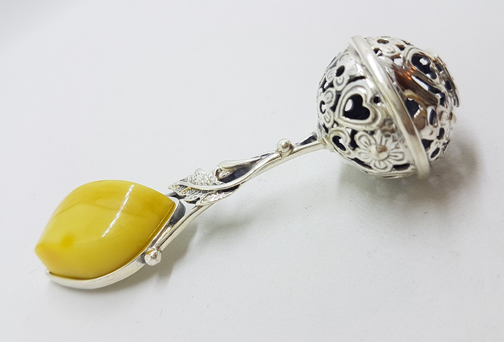 20200713_133630 Solid Sterling Silver Baby Rattle With Leaf Shape Natural Baltic Butter Amber- Engravable - Ornate