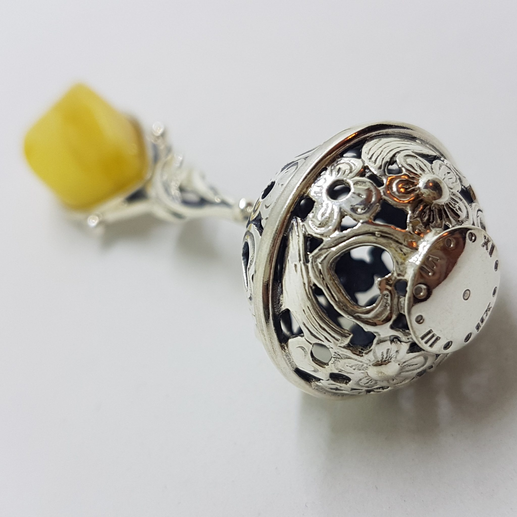 20200713_133647 Solid Sterling Silver Baby Rattle With Leaf Shape Natural Baltic Butter Amber- Engravable - Ornate