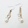 9ct Yellow Gold with White Gold Pearl & Diamond Heart Long Drop Earrings